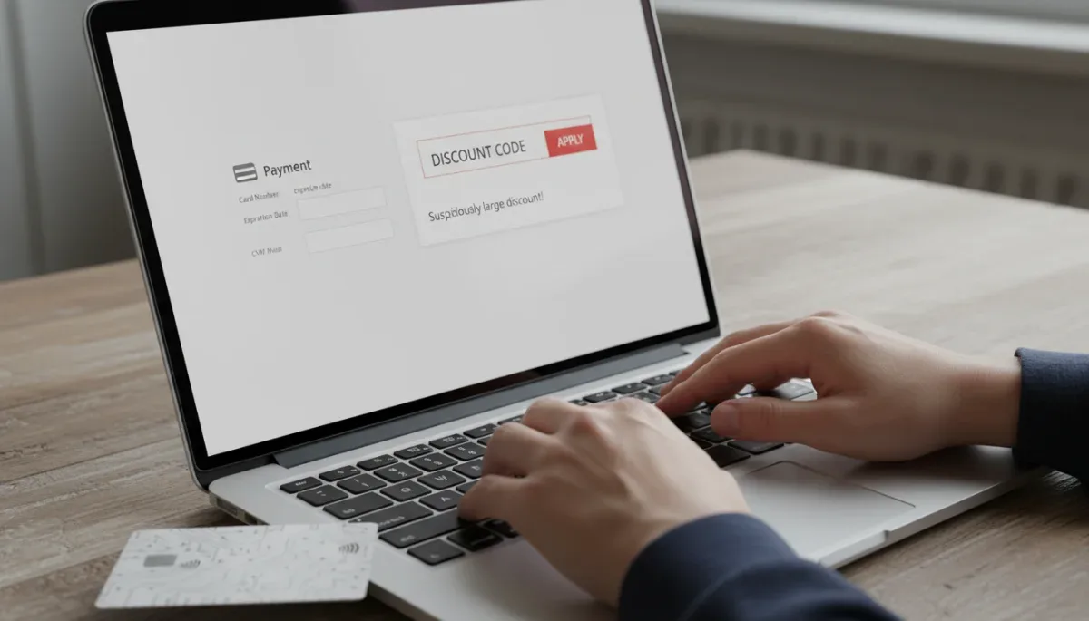 A shopper looking at a retail checkout screen with coupon code fields on a laptop.