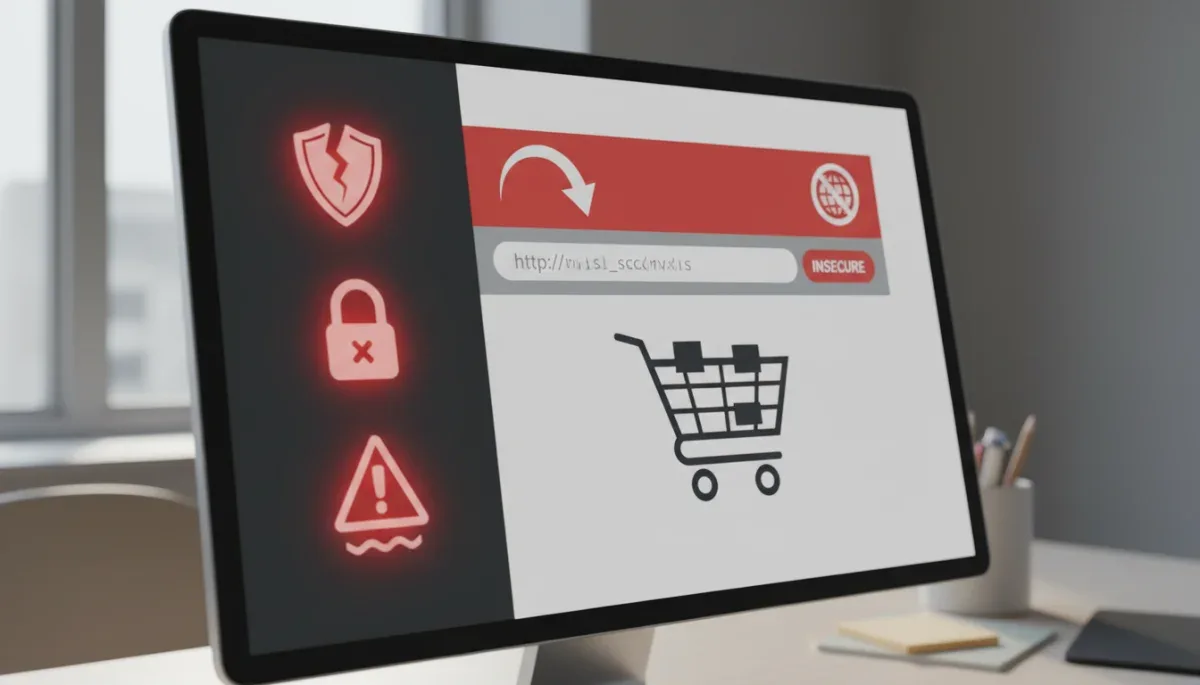 Digital screen showing insecure web address warnings during an online checkout process.