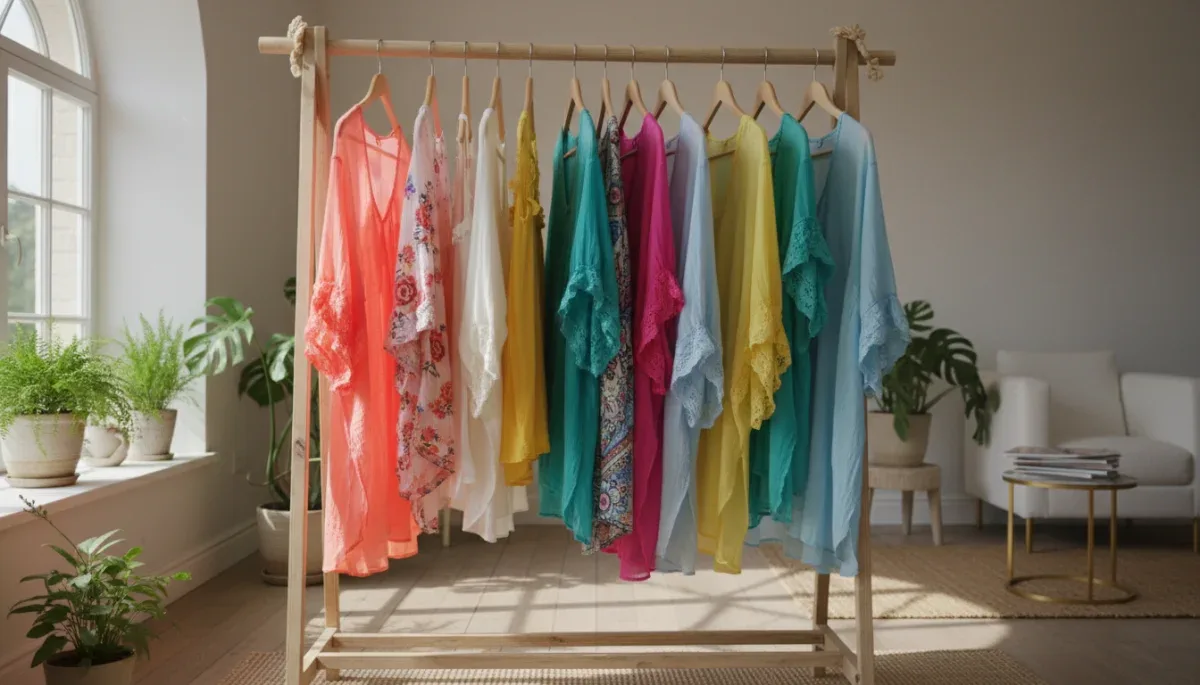Lightweight warm weather blouses hanging neatly on a rack.
