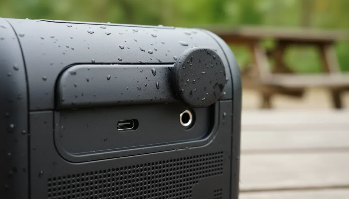 Close up of a rubber protective port flap on an outdoor water resistant Bluetooth speaker.