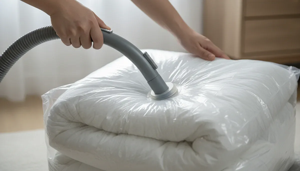 Vacuum cleaner hose attached to the suction valve of a clear plastic storage bag compressing a comforter