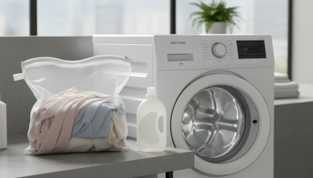 Mesh laundry bag filled with delicate synthetic garments near a washing machine.