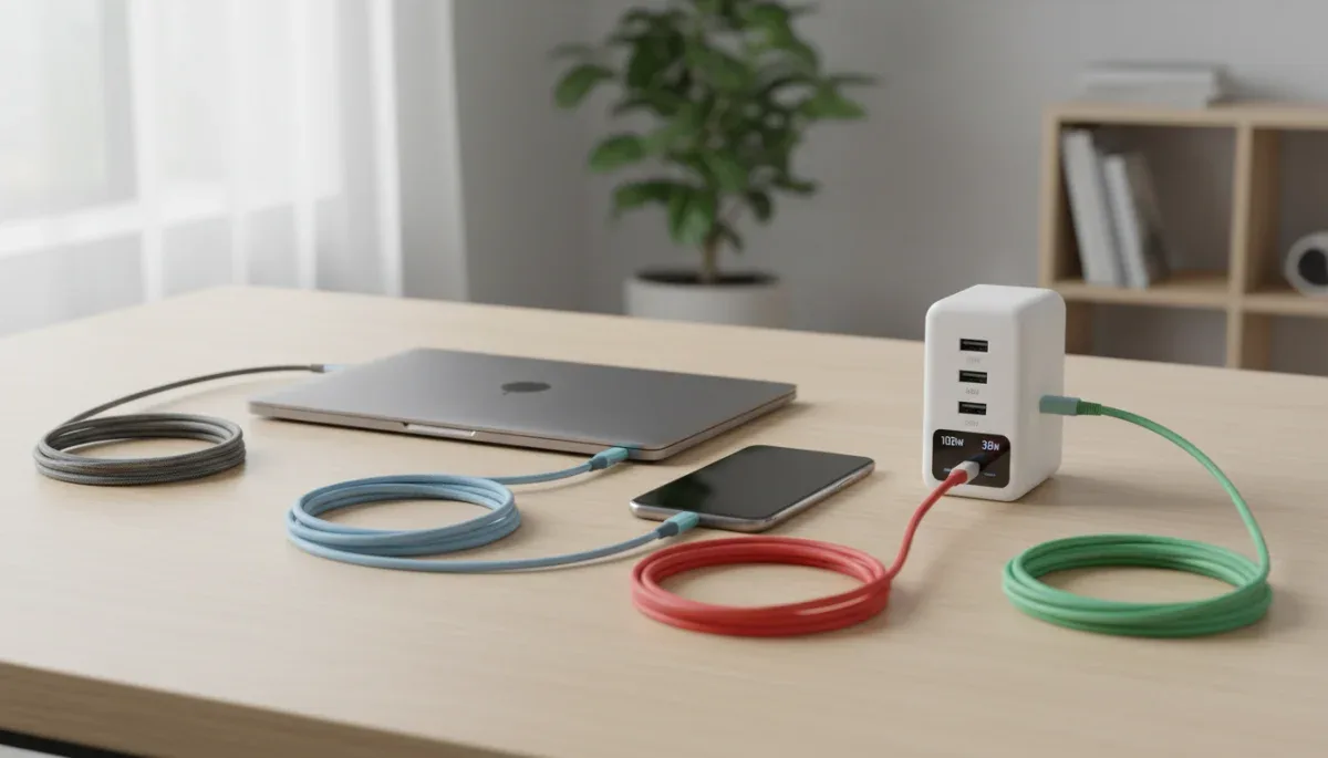 Assortment of USB-C charging cables next to a smartphone and laptop charger on a desk.