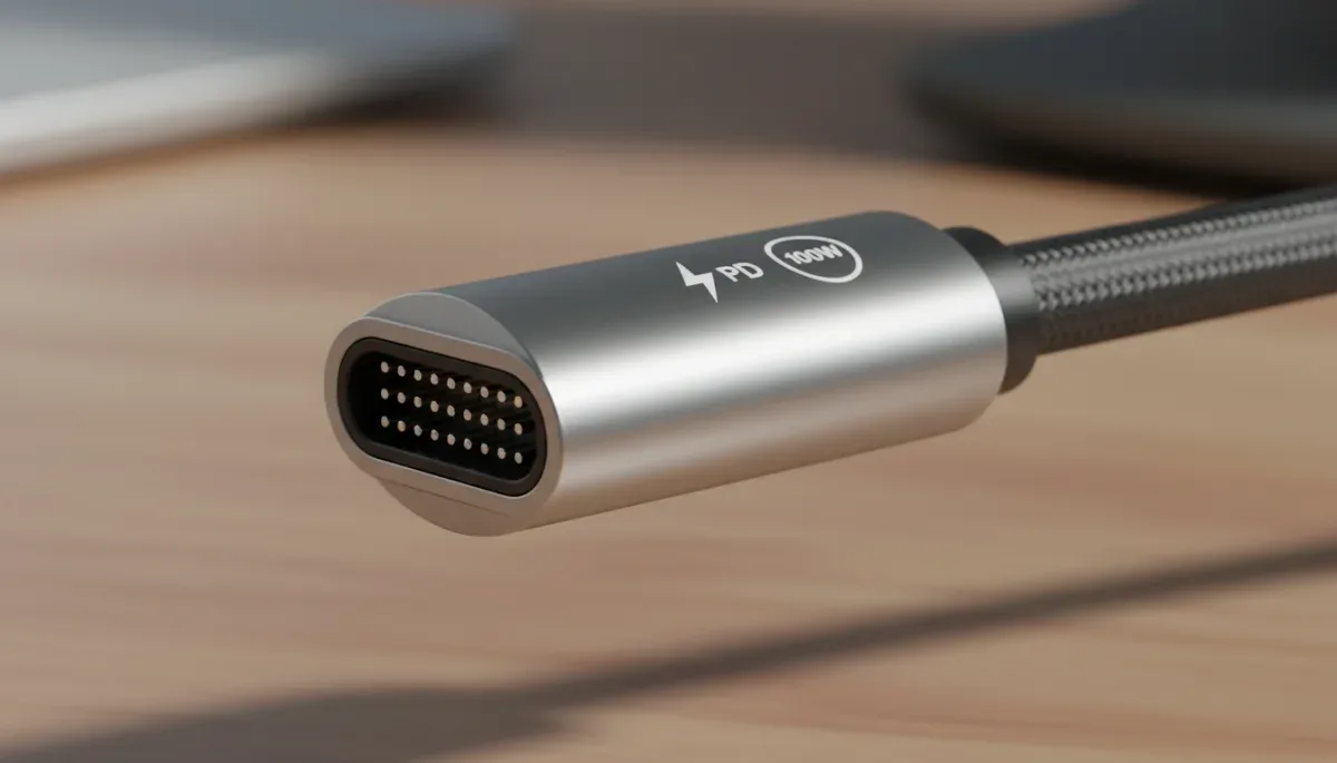 Detailed close-up of a USB-C connector tip and wattage specification label.
