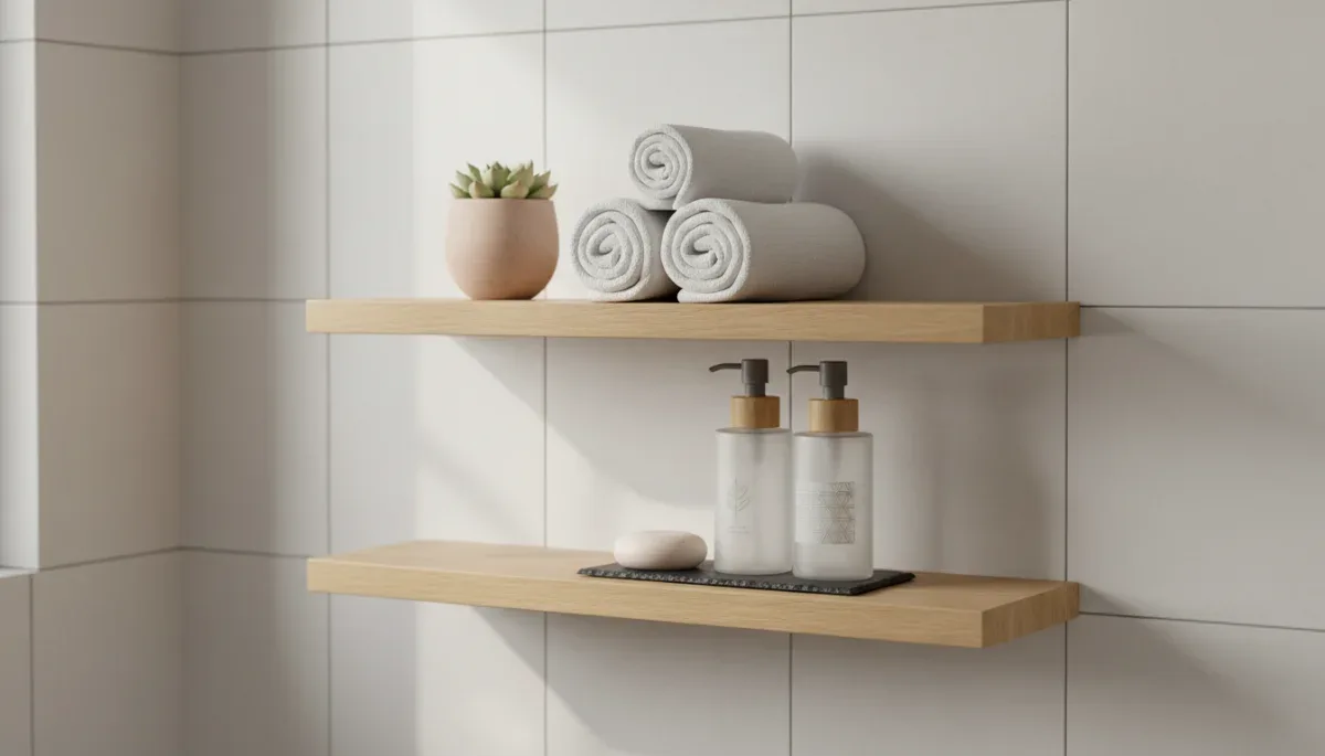 Minimalist wooden floating shelves holding skincare bottles and folded towels in a small bathroom