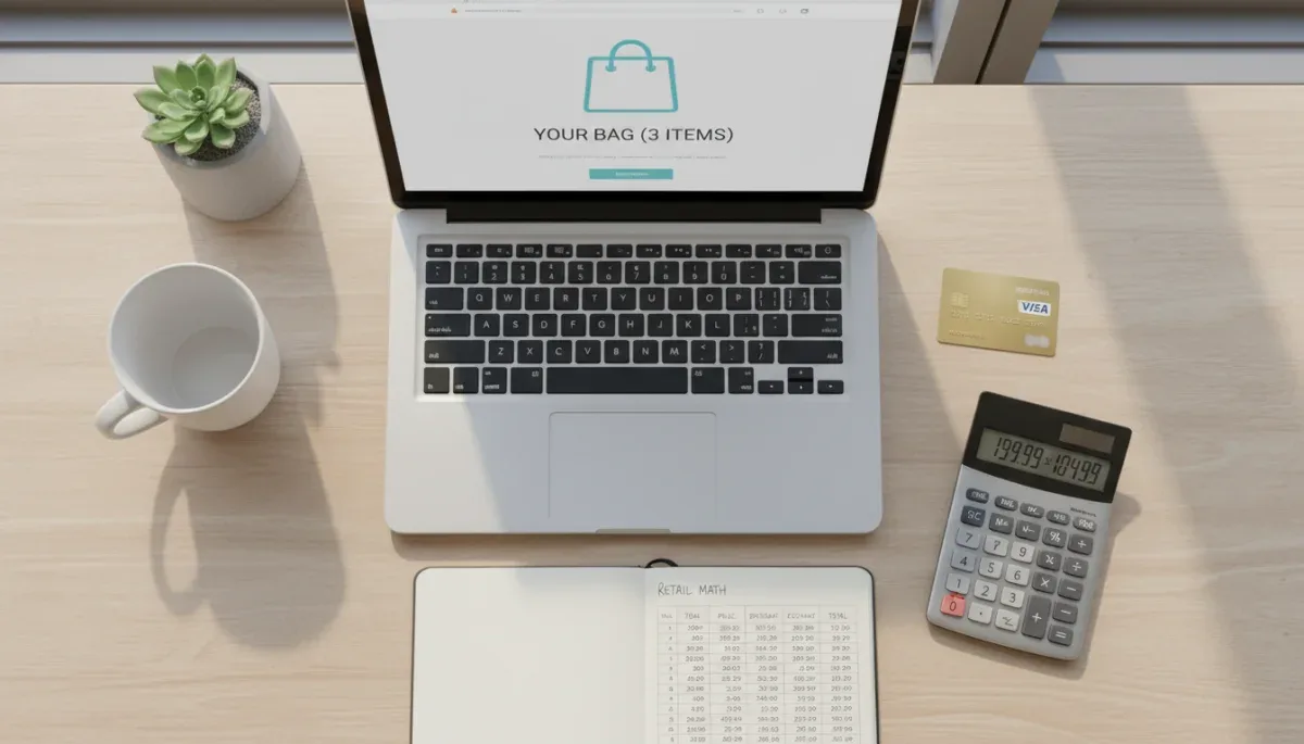 Laptop open to retail shopping bag next to notebook and calculator assessing checkout financing costs.