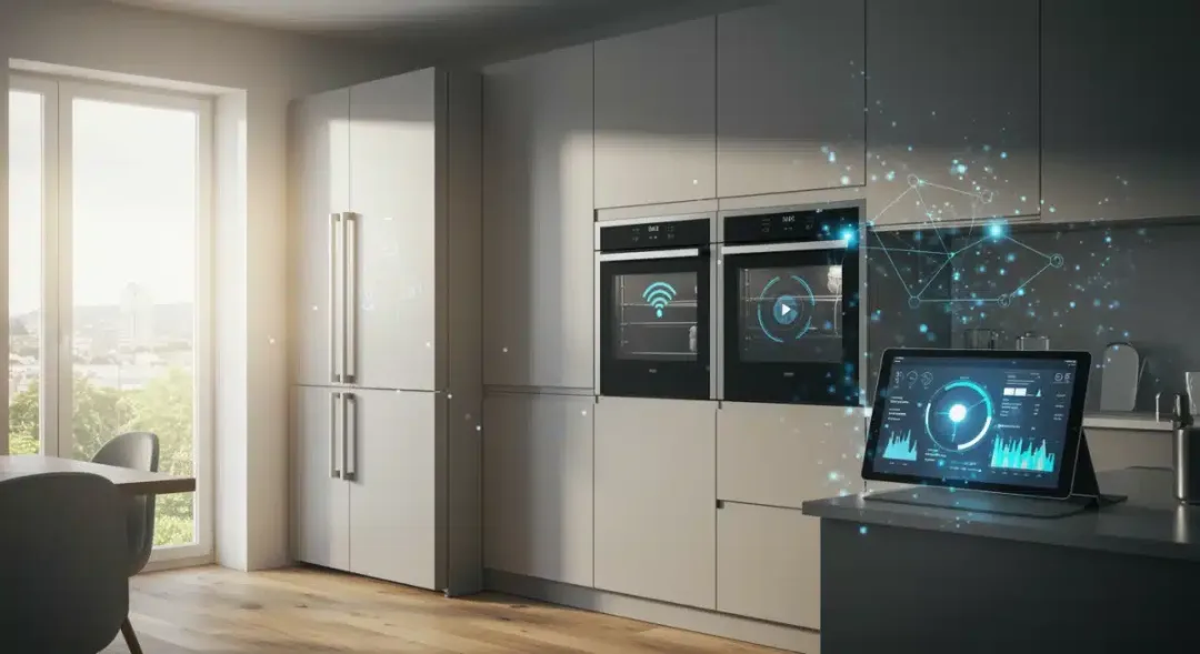 Smart kitchen with integrated appliances, showcasing energy efficiency and modern design.