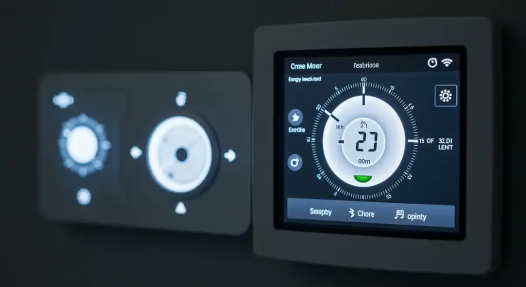 Smart thermostat displaying energy data, part of an integrated home system