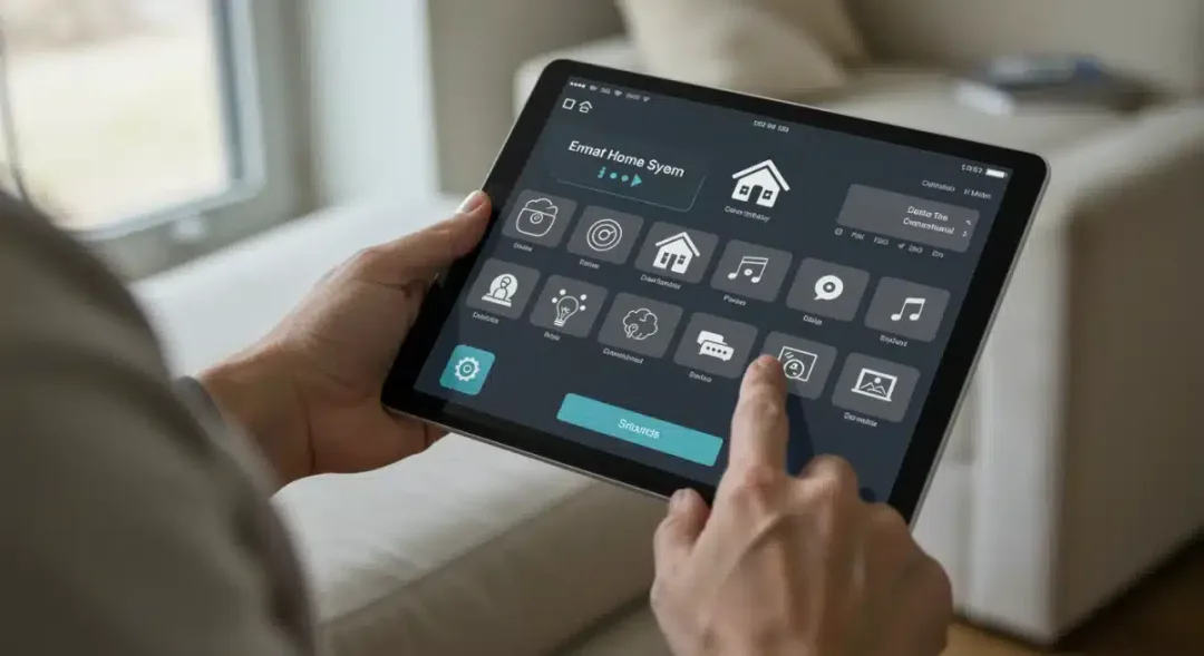 Unified smart home control dashboard on a tablet, managing security and entertainment
