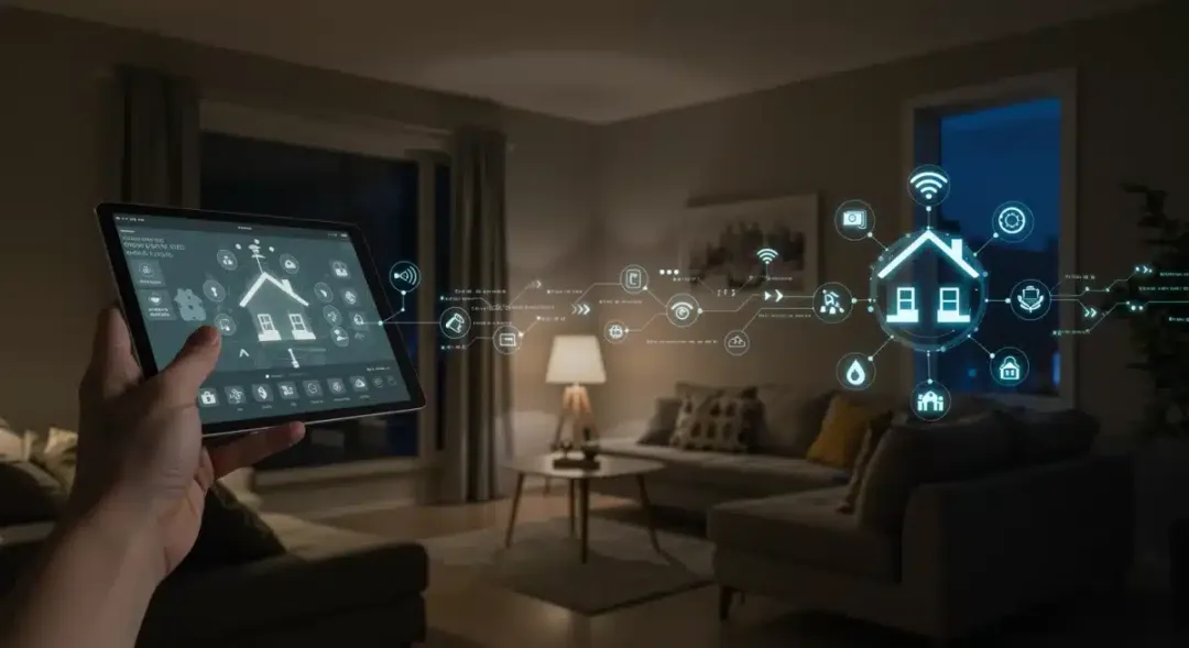 Smart home living room with integrated affordable gadgets