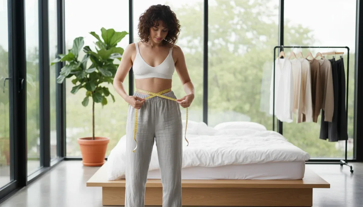 Person measuring waist with a flexible measuring tape for clothing sizing