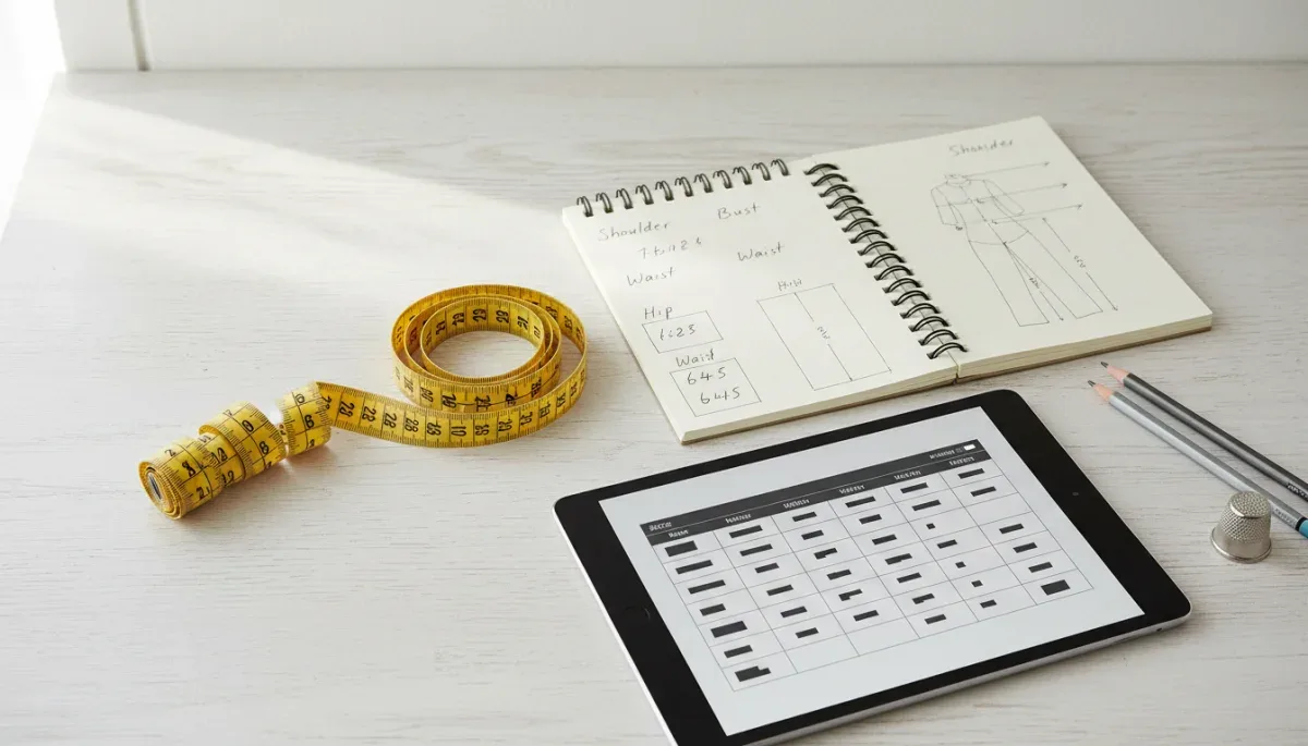 Tailor measuring tape and notebook beside digital garment size chart