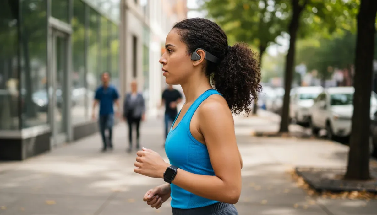 Person wearing open-ear bone conduction headset outdoors