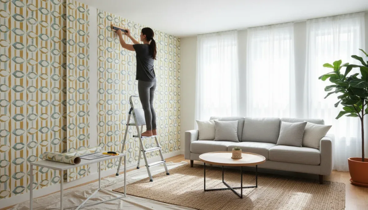 Removable peel-and-stick wallpaper being installed on an apartment accent wall