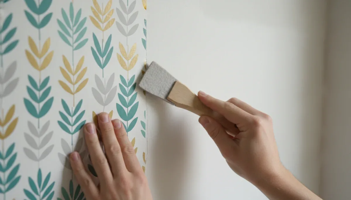 Person applying adhesive removable wallpaper edge to painted drywall