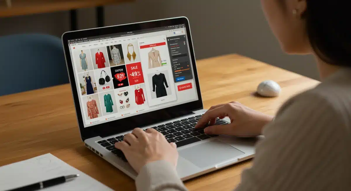 Person organizing apparel wish list for upcoming flash sales on laptop