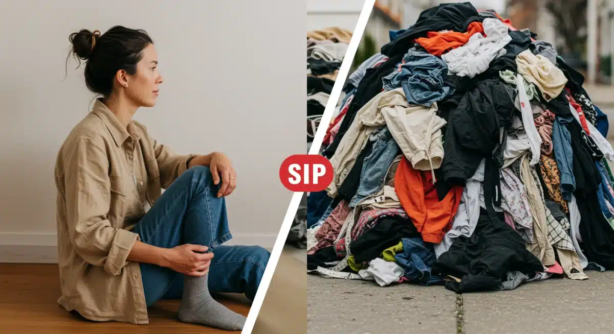 Contrast between versatile, durable clothing and discarded fast fashion items, illustrating financial impact.