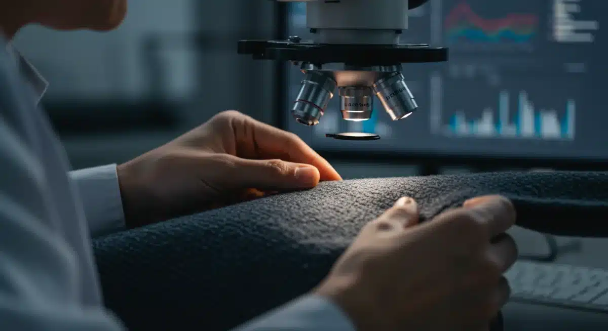 Textile engineer analyzing fabric blend durability under microscope.