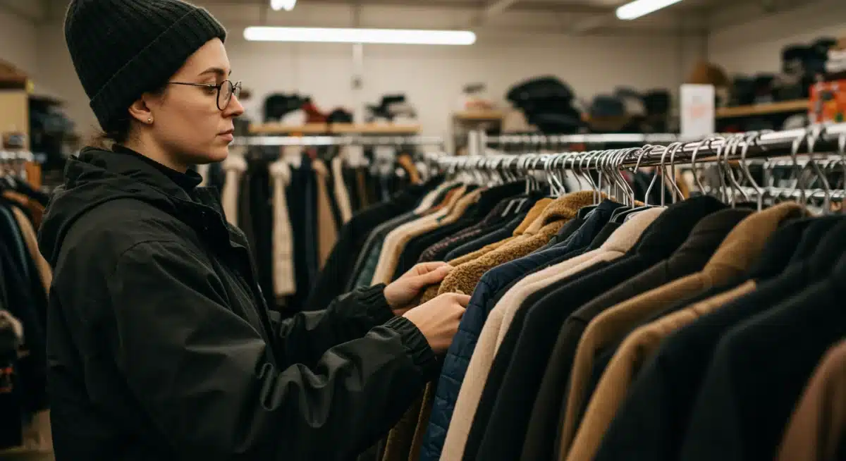 Person shopping for winter clothes at a thrift store
