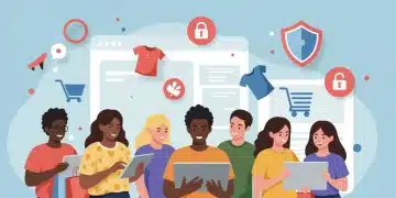 Diverse shoppers confidently engaging in online apparel purchases, surrounded by secure e-commerce symbols.