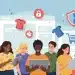 Diverse shoppers confidently engaging in online apparel purchases, surrounded by secure e-commerce symbols.