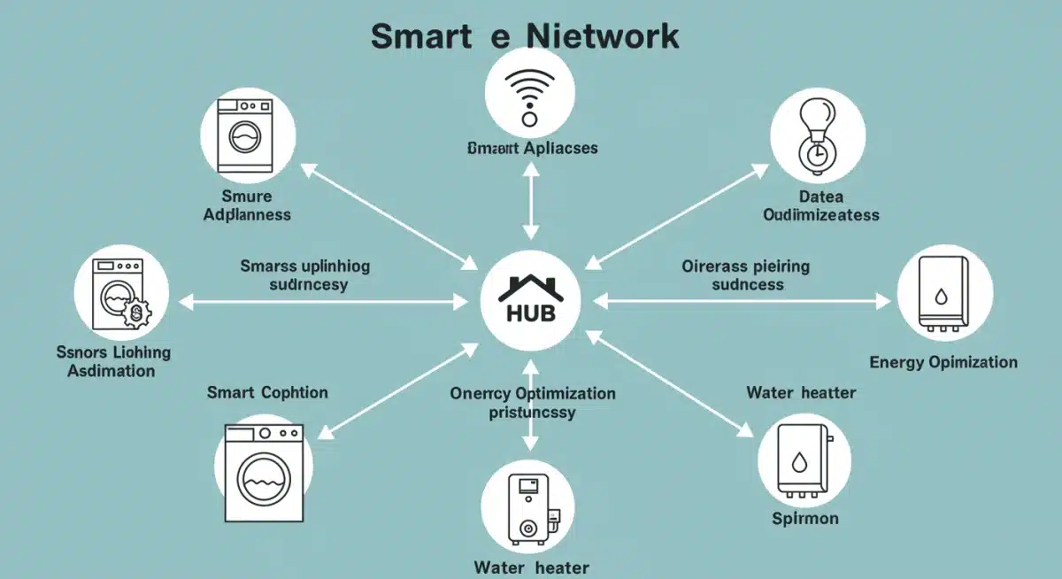Diagram showing interconnected smart home appliances optimizing energy use and data flow.