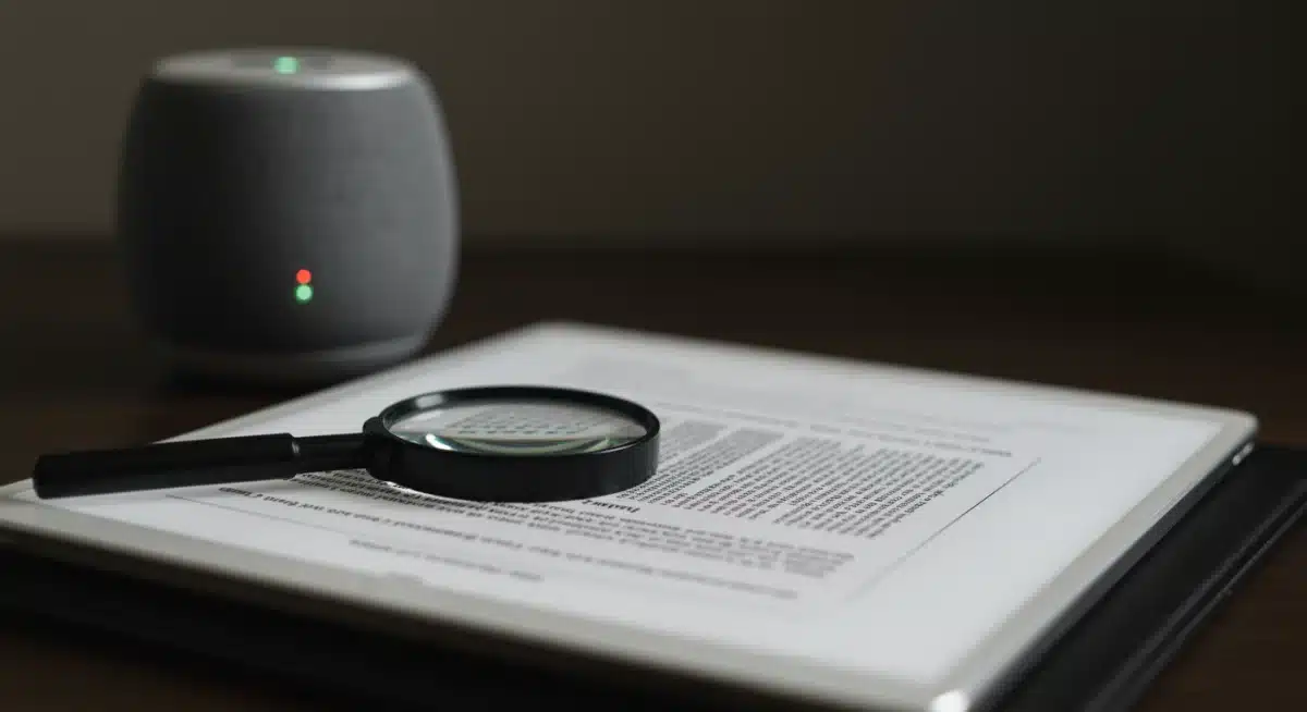 Reviewing data privacy regulations on a tablet with smart speaker in background.