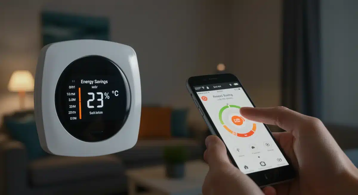 Smart thermostat displaying energy savings, controlled via smartphone app for optimal home climate.