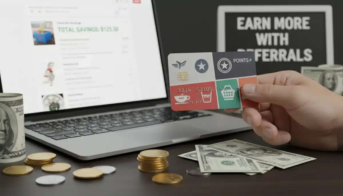 Credit card with loyalty logos near a laptop, symbolizing referral program rewards.