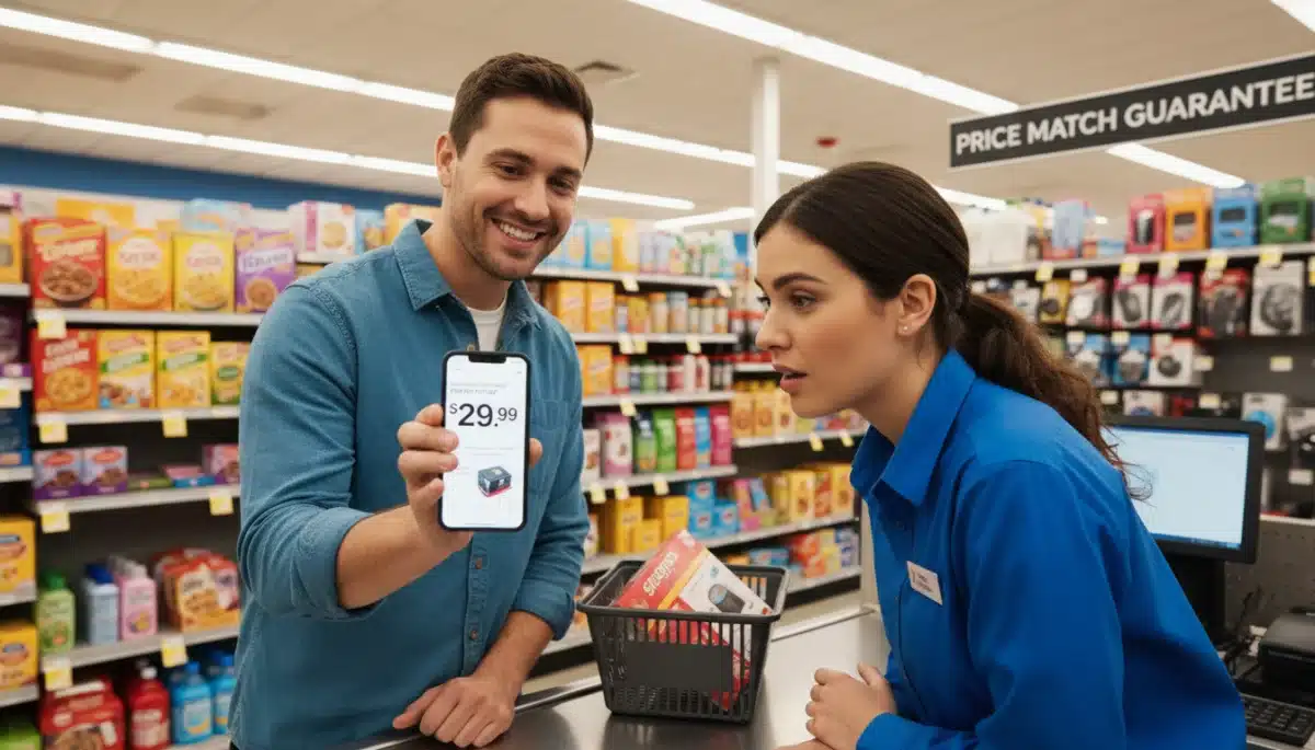 Customer showing a lower price on a smartphone to a cashier for a price match.