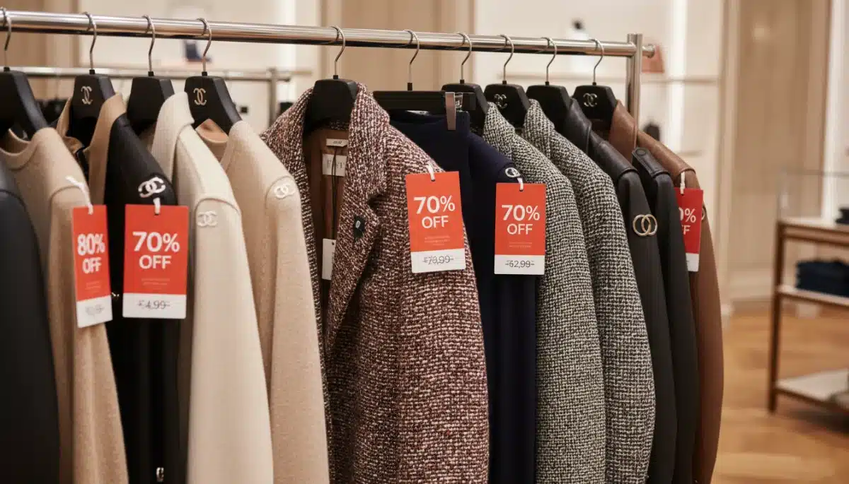 Designer clothing rack with discounted price tags in an outlet store