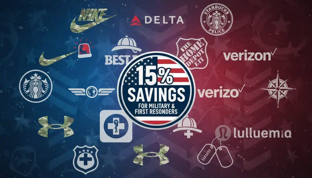 Collage of company logos offering 15% or more in savings for military and first responders.