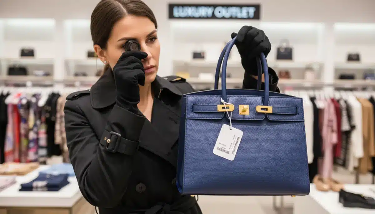 Shopper inspecting a designer handbag in an outlet, checking for quality