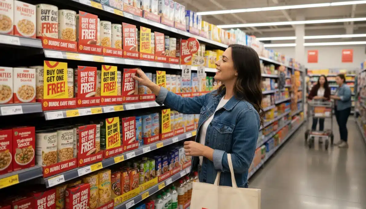 Shopper examining multi-buy discount offers in a store