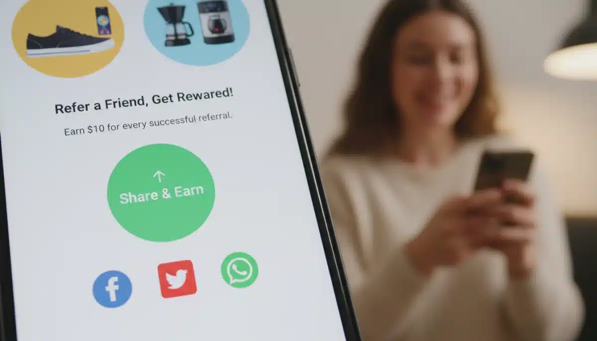 Smartphone screen showing a 'Share & Earn' button for a referral program.