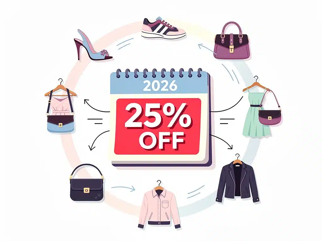 Calendar for 2026 with fashion items and a 25% off symbol, representing future early access deals.