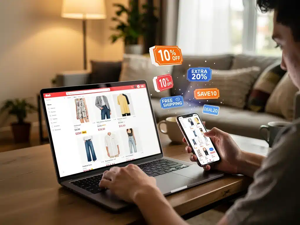 Shopper applying multiple digital coupon codes on an e-commerce site.