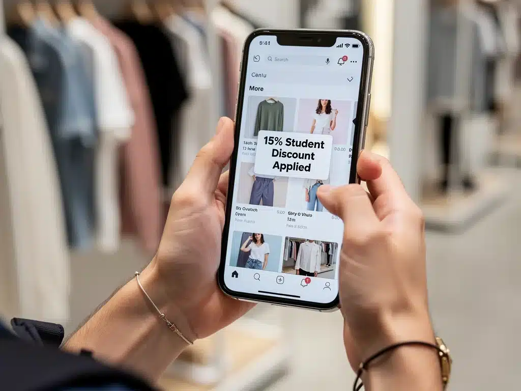 Student applying digital fashion discount on phone