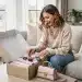 Woman opening fashion subscription box with 50 percent off discount