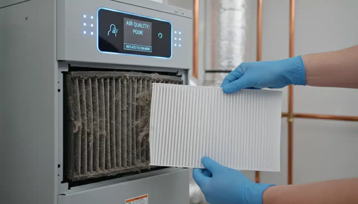 Technician replacing a dirty HVAC air filter, crucial for home air quality