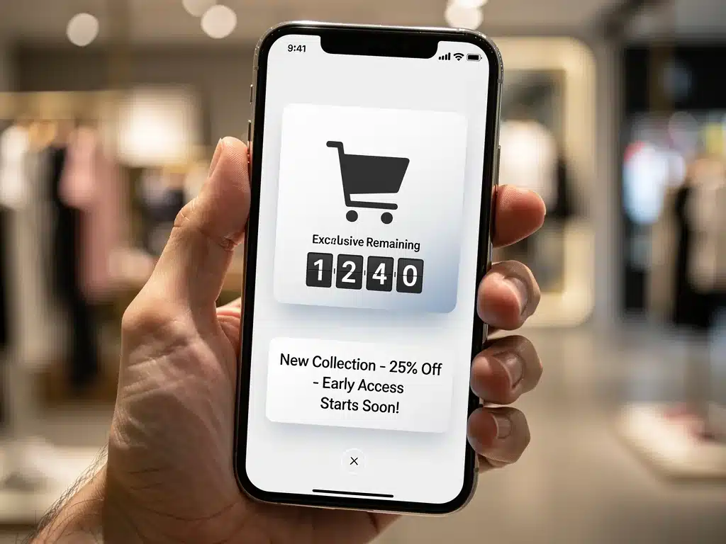 Mobile phone notification showing an exclusive 25% off early access sale for new collections.