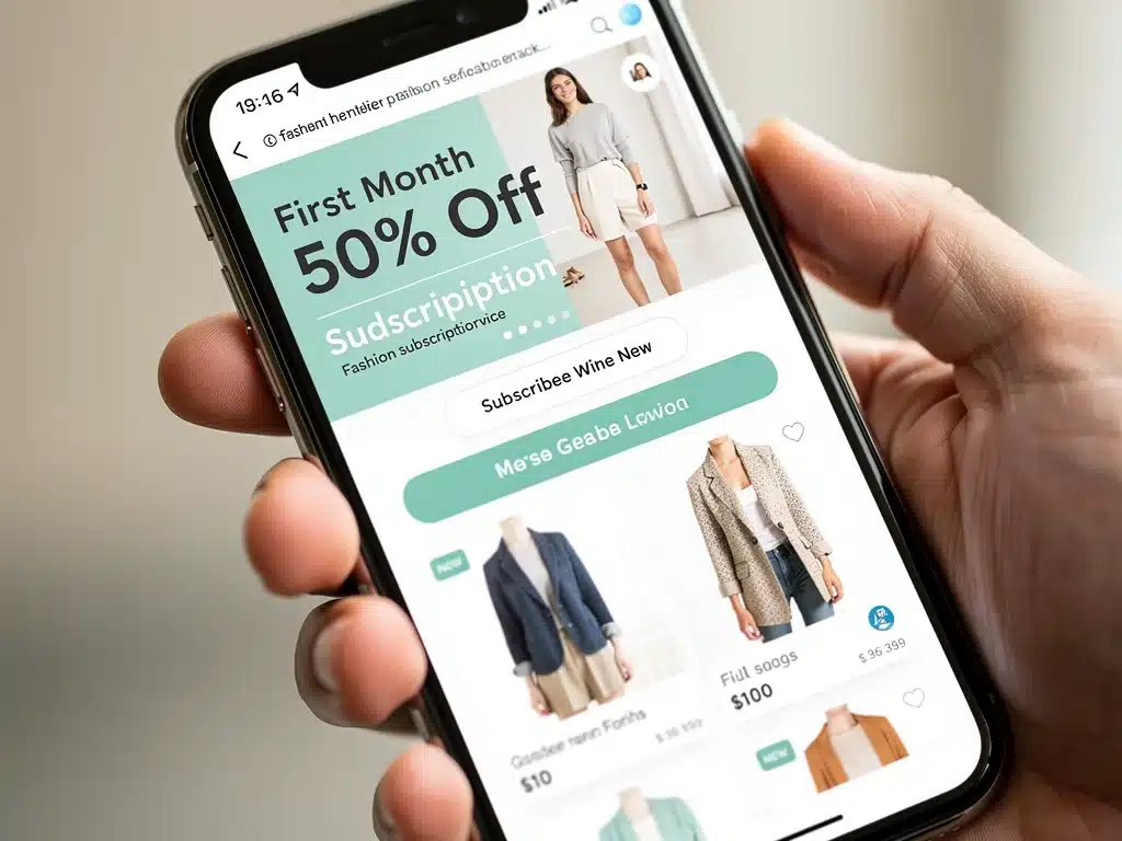 Smartphone displaying 50 percent off fashion subscription offer