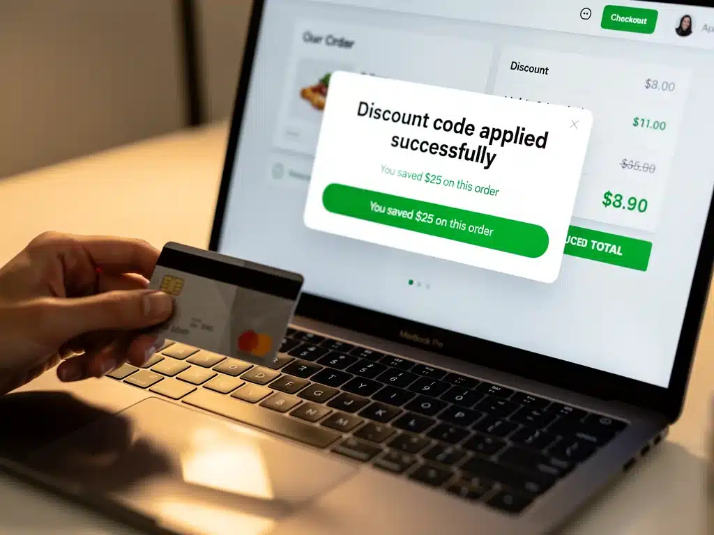 Online payment with discount applied showing successful transaction.