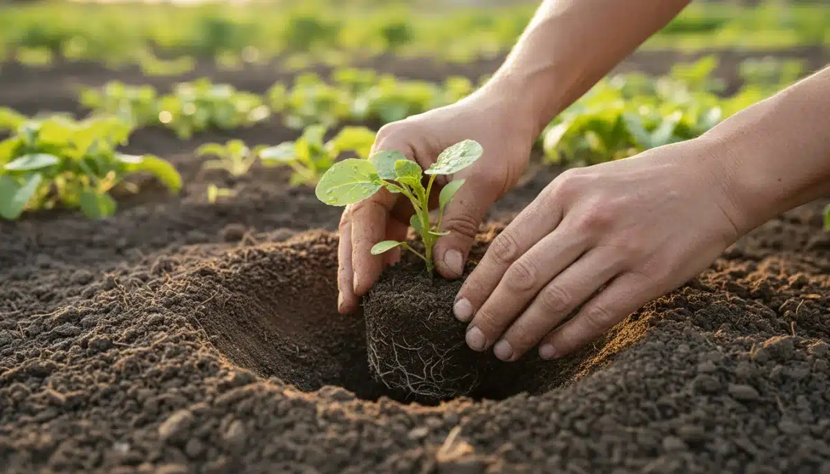Gardener's hands planting a young seedling into fertile soil