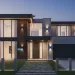 Modern smart home with integrated security cameras and lighting at dusk.