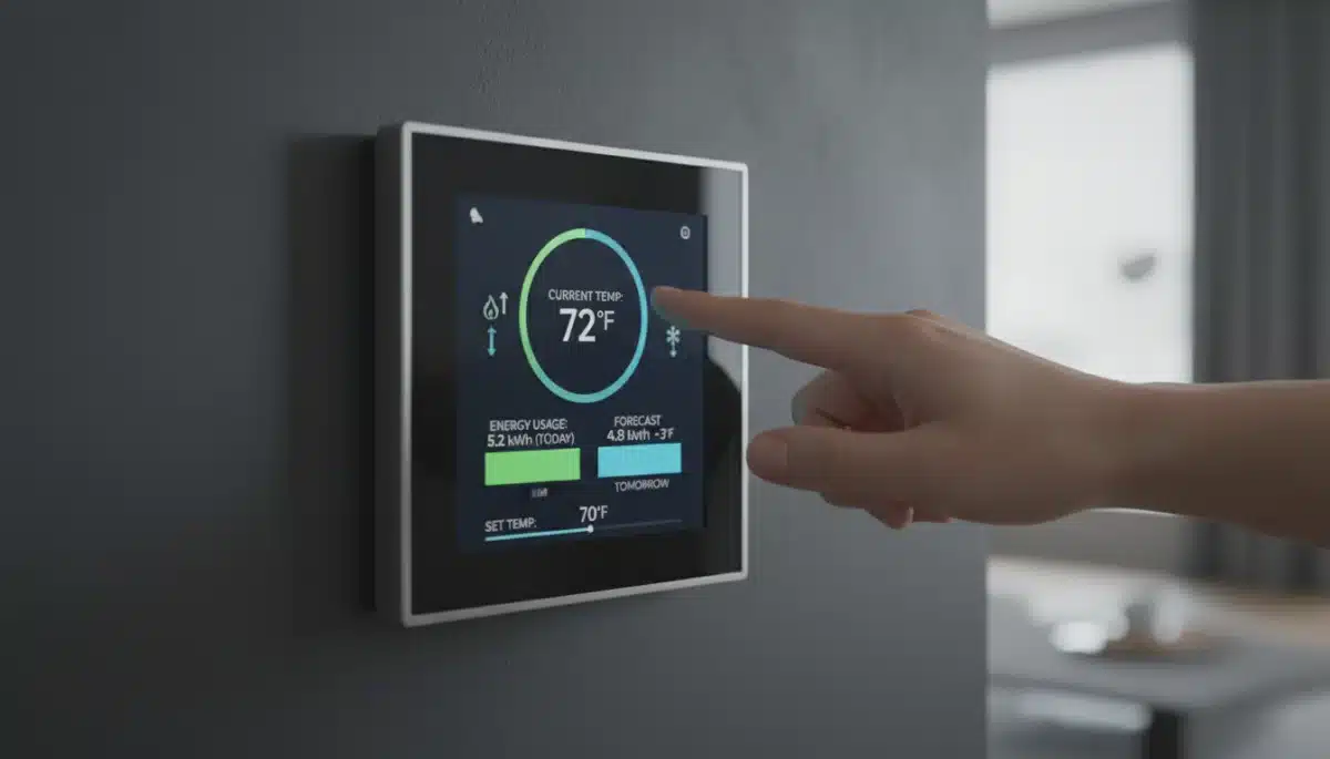 Smart thermostat showing energy usage data on screen