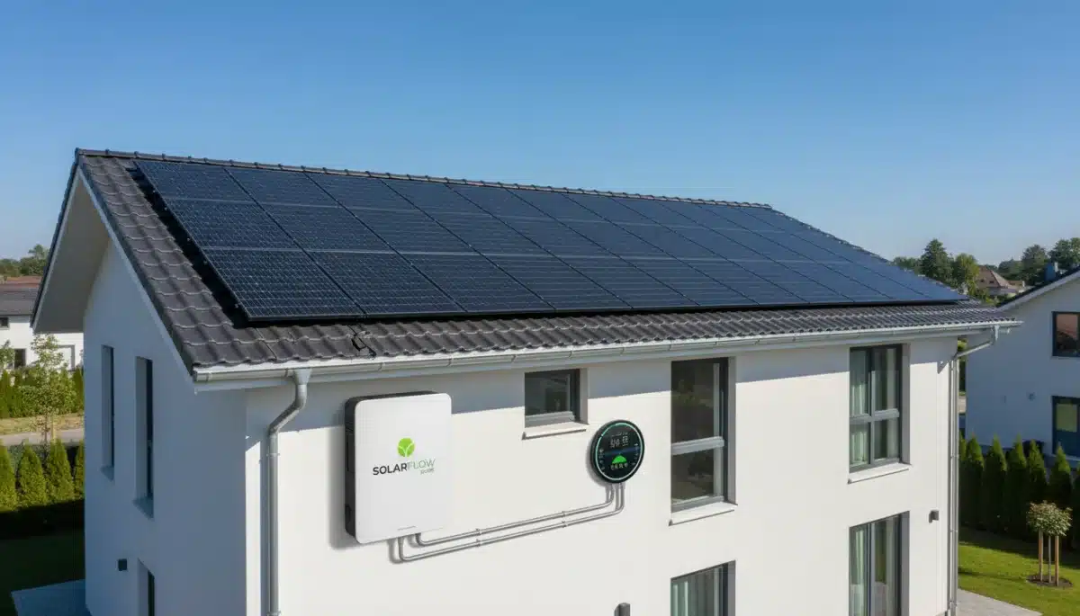 Residential rooftop with integrated solar panels and smart energy storage