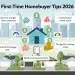 Infographic with financial tips for first-time homebuyers in 2026 US housing market