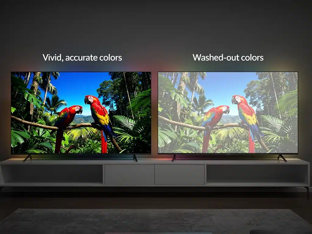 Side-by-side comparison of 4K TV picture quality, vibrant vs. washed-out colors.