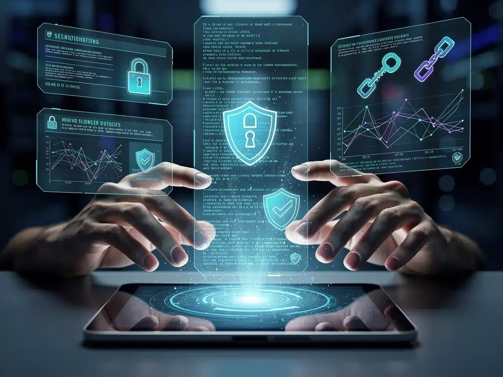 Hands interacting with holographic cybersecurity interface.